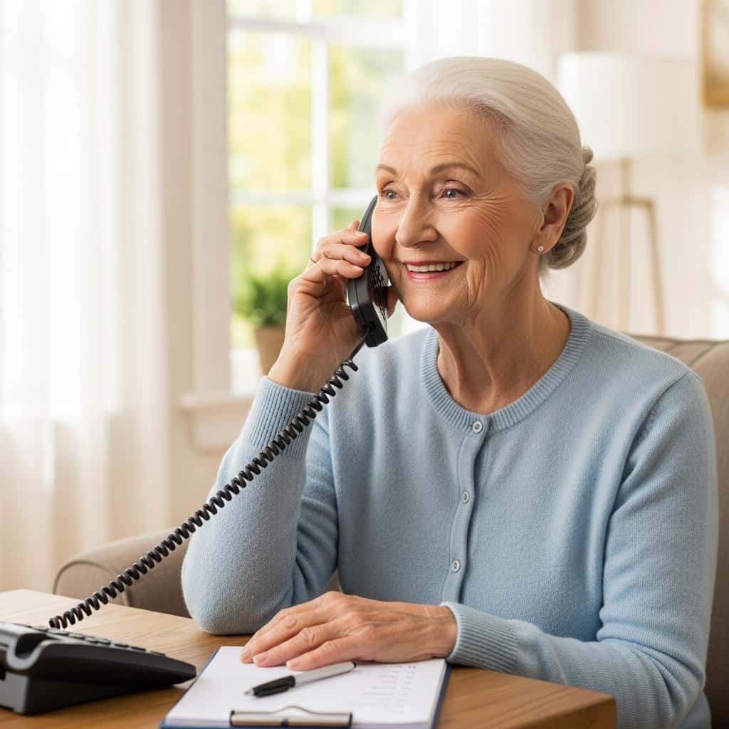 Older woman smiling and talking on the phone, sitting in a bright, comfortable room