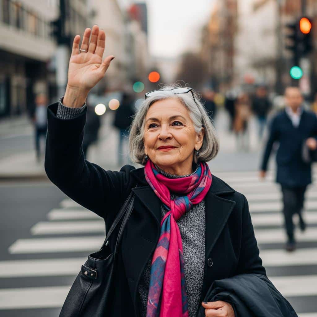 Older woman at a busy crossing, raising her hand and smiling confidently