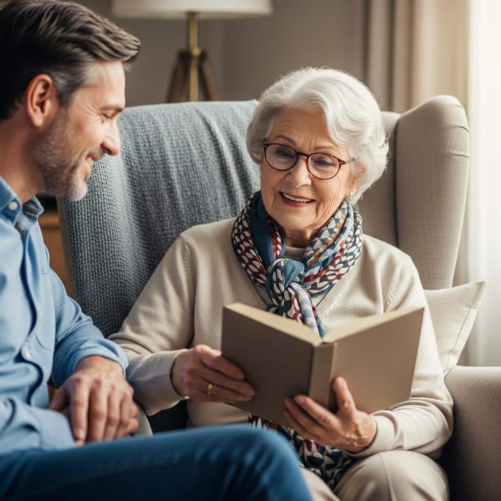 Older woman sitting in an armchair reading to another adult in a living room
