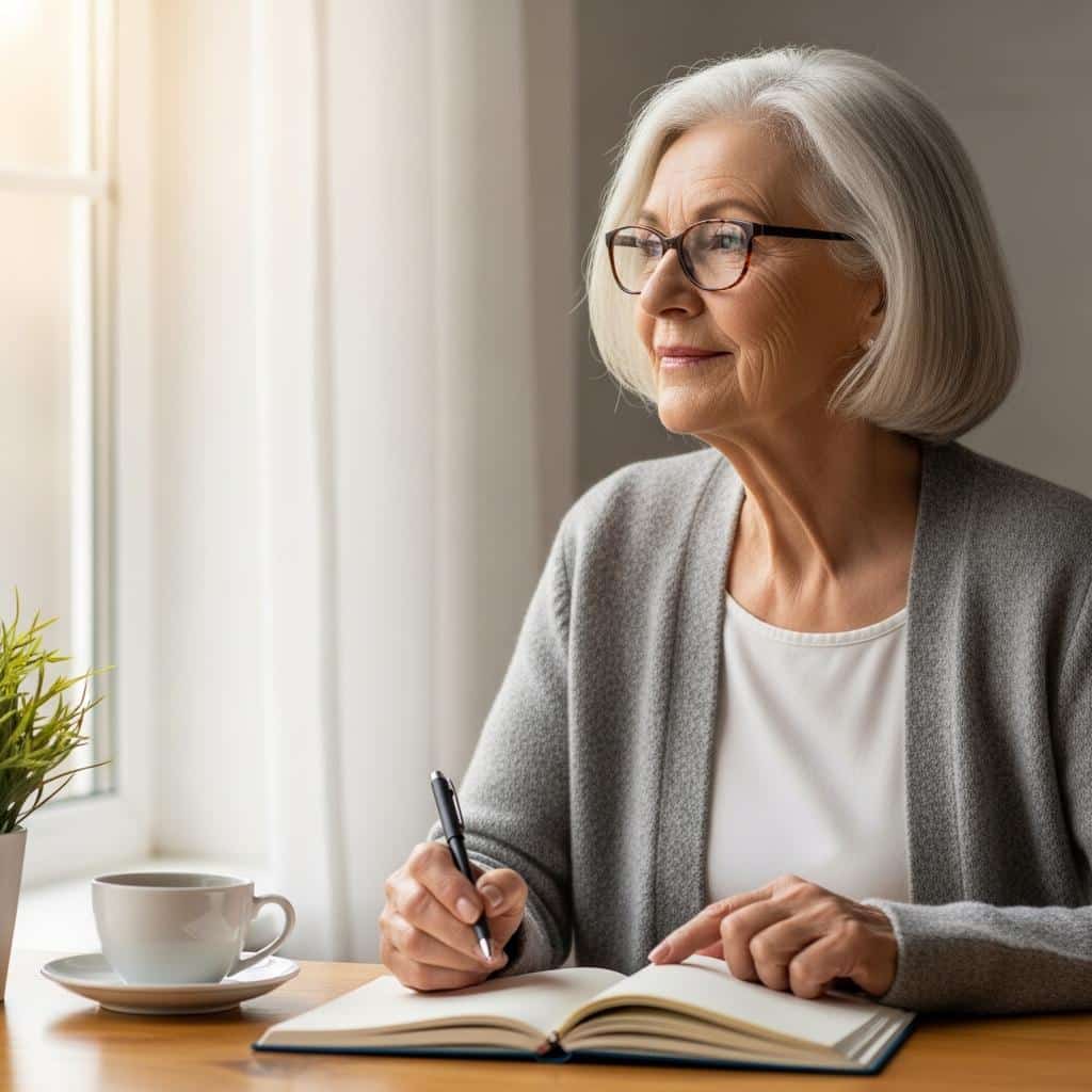 Older woman sitting by window writing in notebook, cup of tea beside her