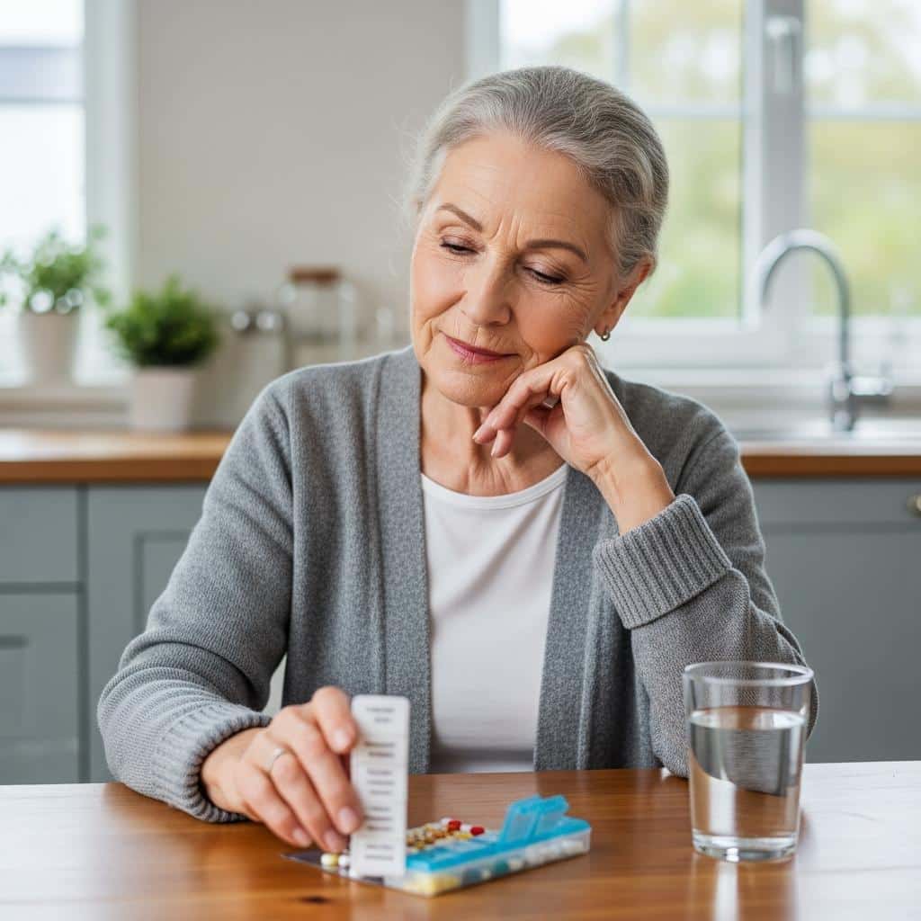 Senior woman sitting at kitchen table with pill organizer and vitamin list, looking thoughtful