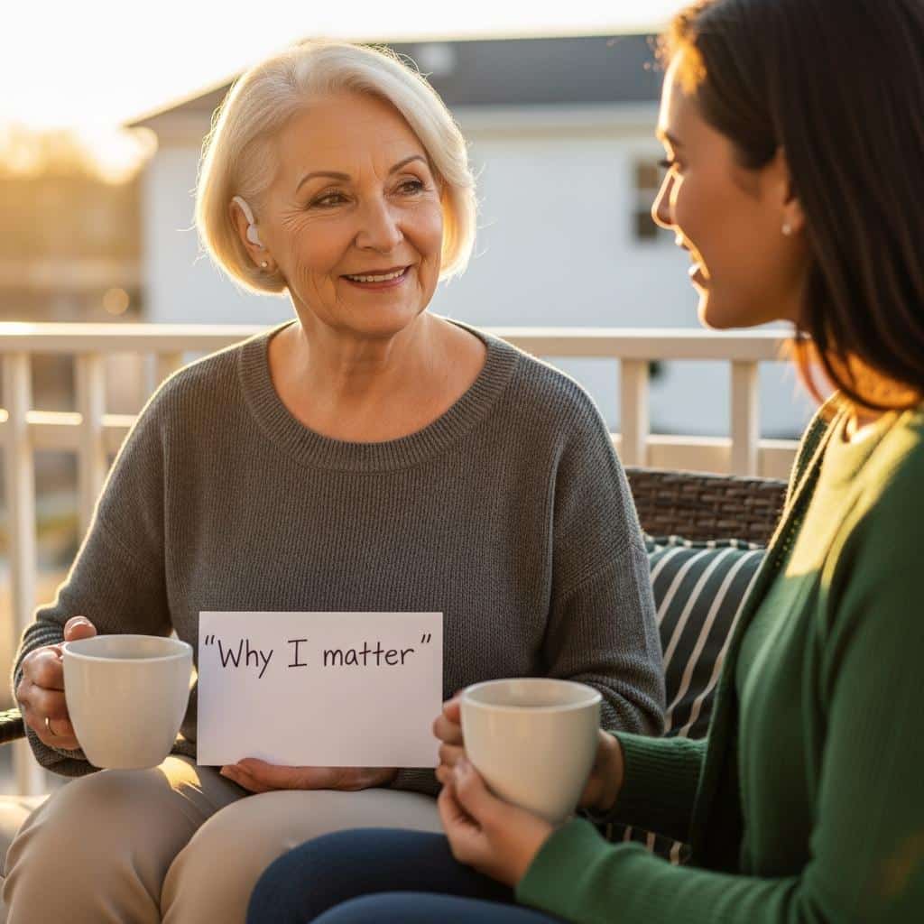 Older woman showing handwritten note to friend on patio, warm light