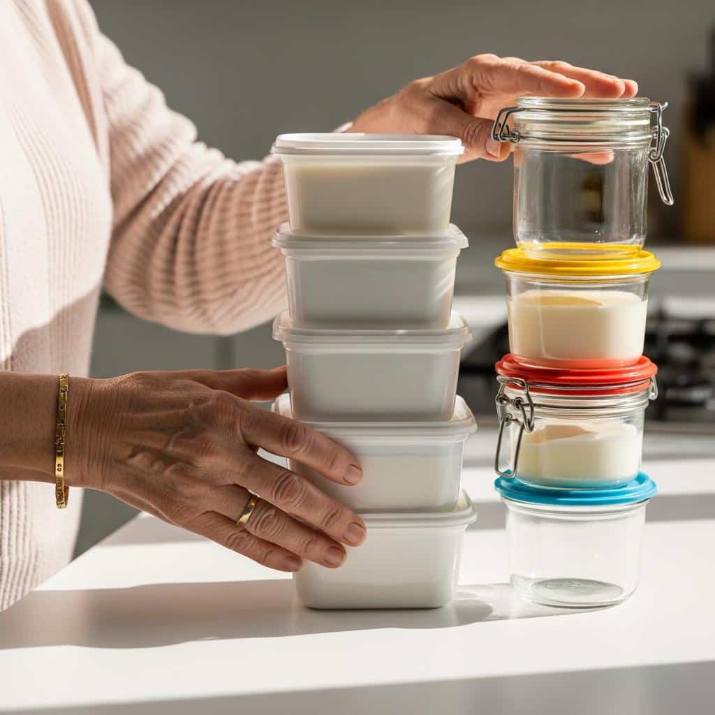 Older adult hands stacking butter tubs and glass jars on kitchen counter in bright light