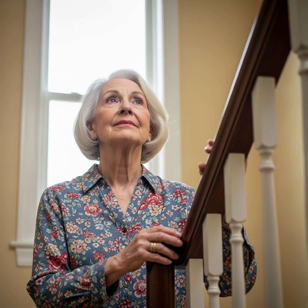 Older woman pauses at the bottom of a staircase, looking up thoughtfully in soft daylight