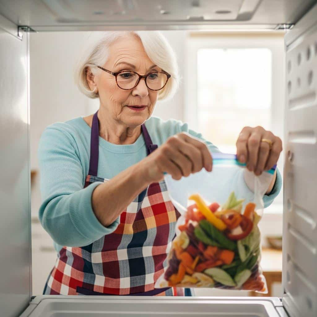 Older woman taking a bag of vegetable scraps from the freezer, kitchen scene