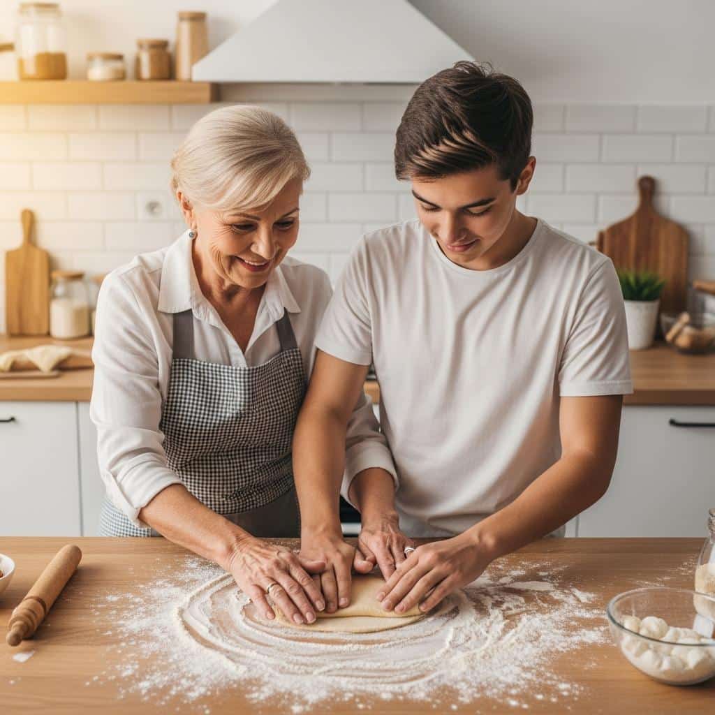 Older woman teaching a younger person how to fold pastry dough at a kitchen counter