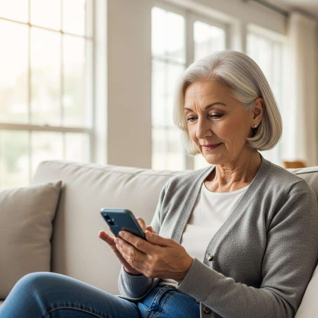 Older woman sitting on her living room sofa, thoughtfully composing a text message on her phone