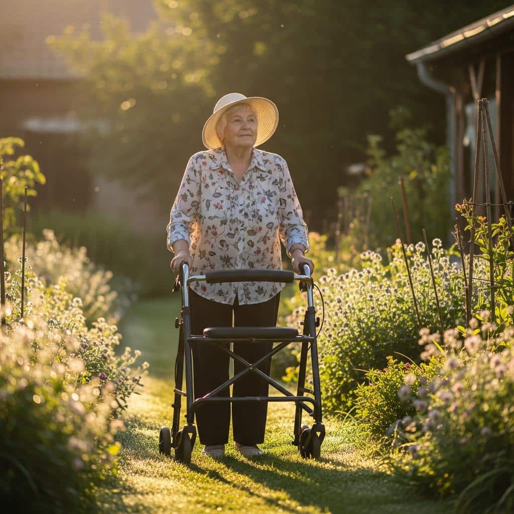Older woman using walker, strolls through sunlit garden in the early morning