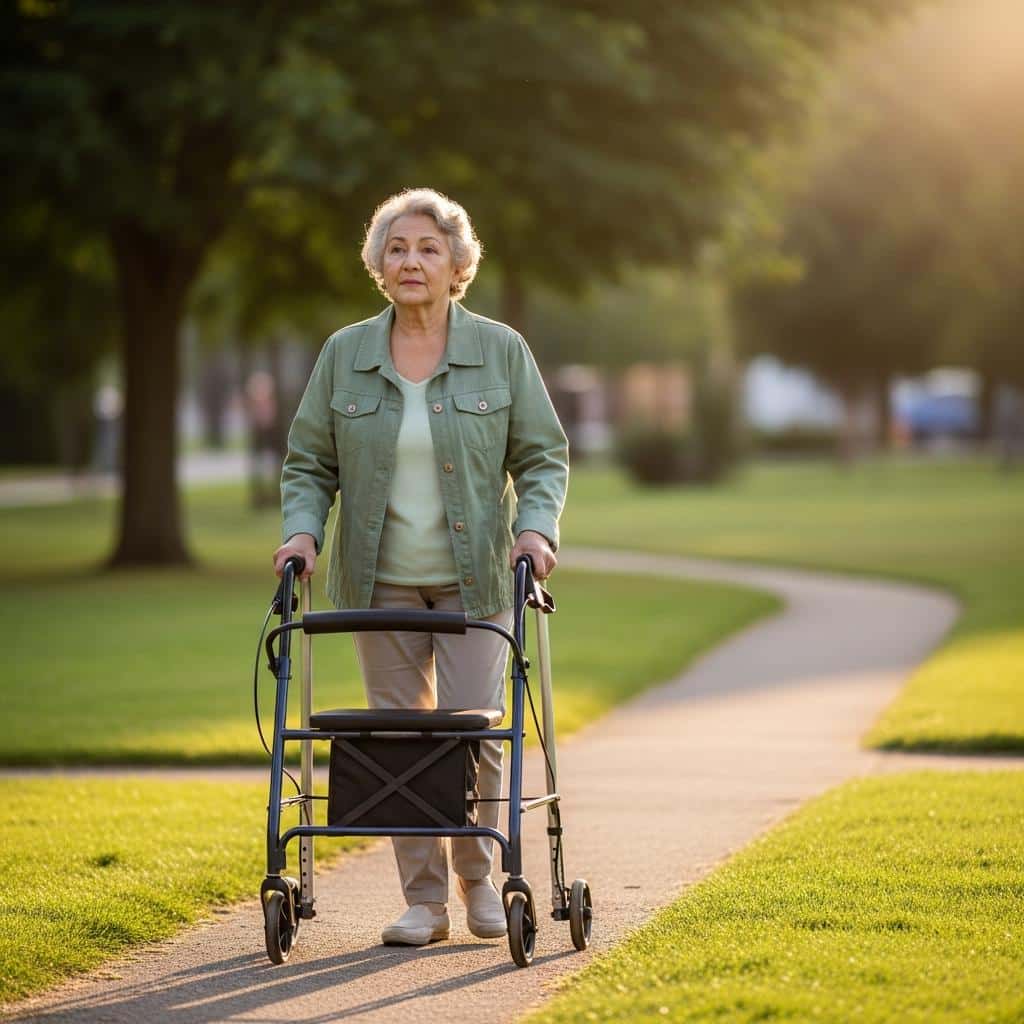 Older woman using a walker walking through a park, full-body