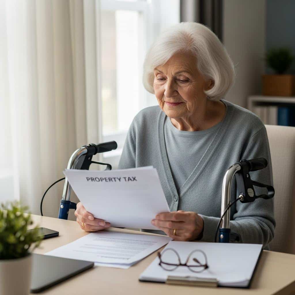 Older woman using walker sits at desk reviewing property tax documents