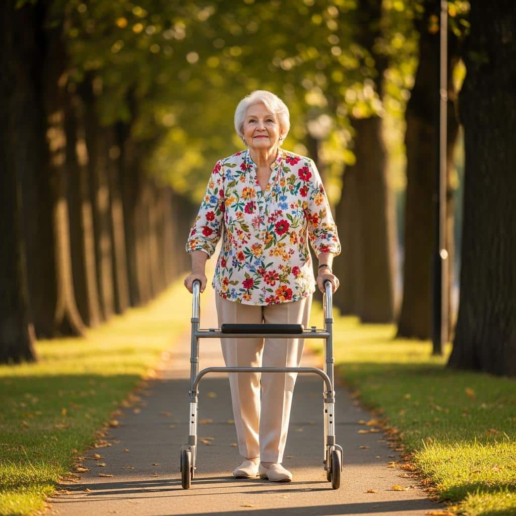 Senior woman walking outdoors with a walker along a tree-lined sidewalk