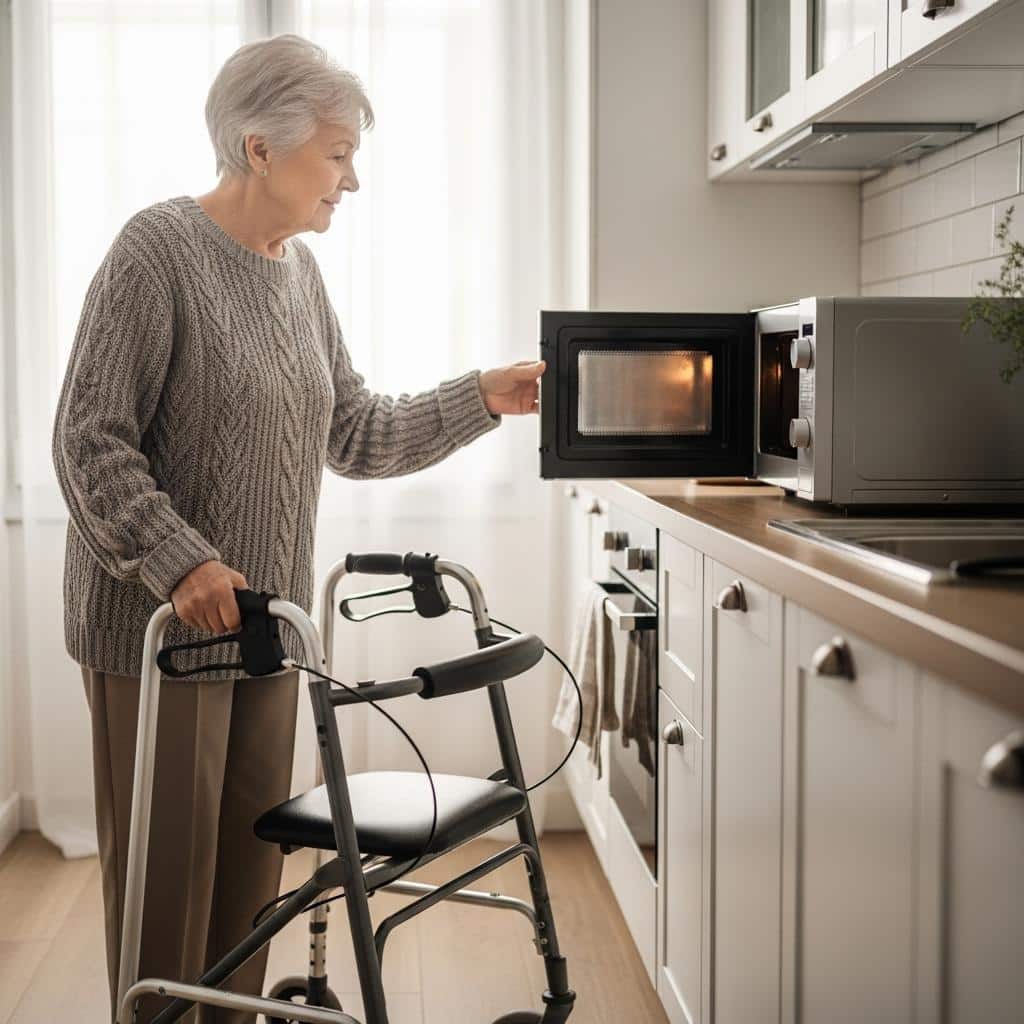 Older woman with a walker opening her microwave in a brightly lit kitchen