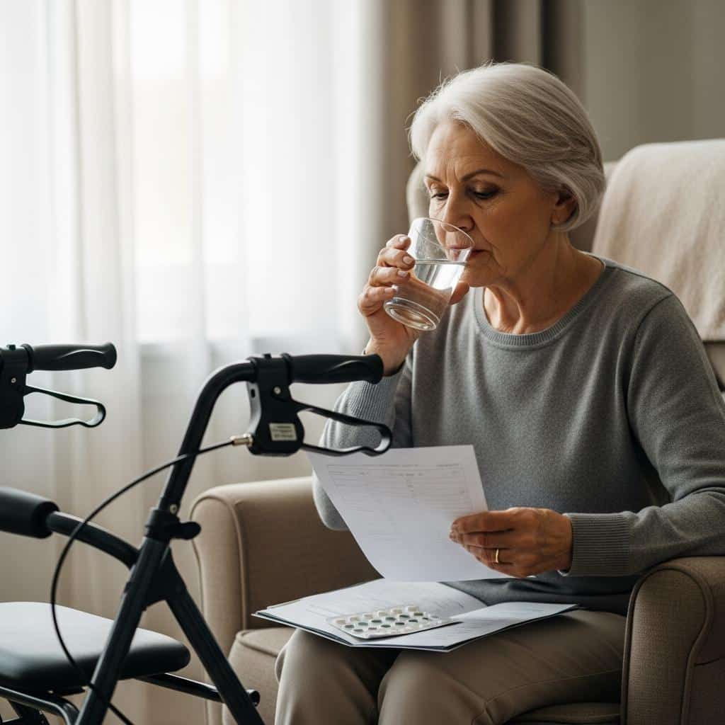Older woman with walker next to her, drinking water and looking at a medication list, waist-up view