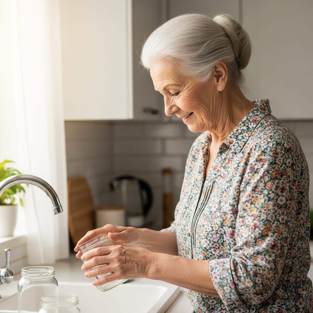 Older woman washing glass jars at a kitchen sink, waist-up shot