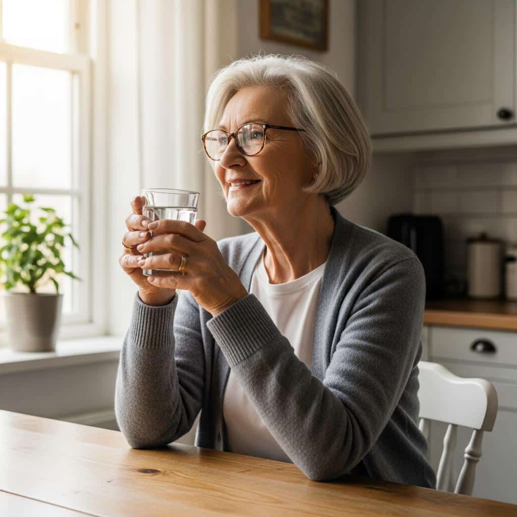 Older woman sitting at kitchen table holding a glass of water, waist-up view