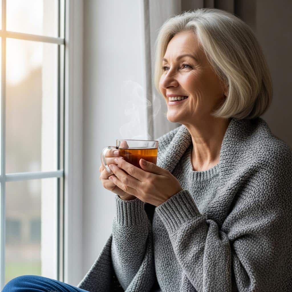 Older woman in a sweater sits by the window, drinking a steaming mug of tea and smiling