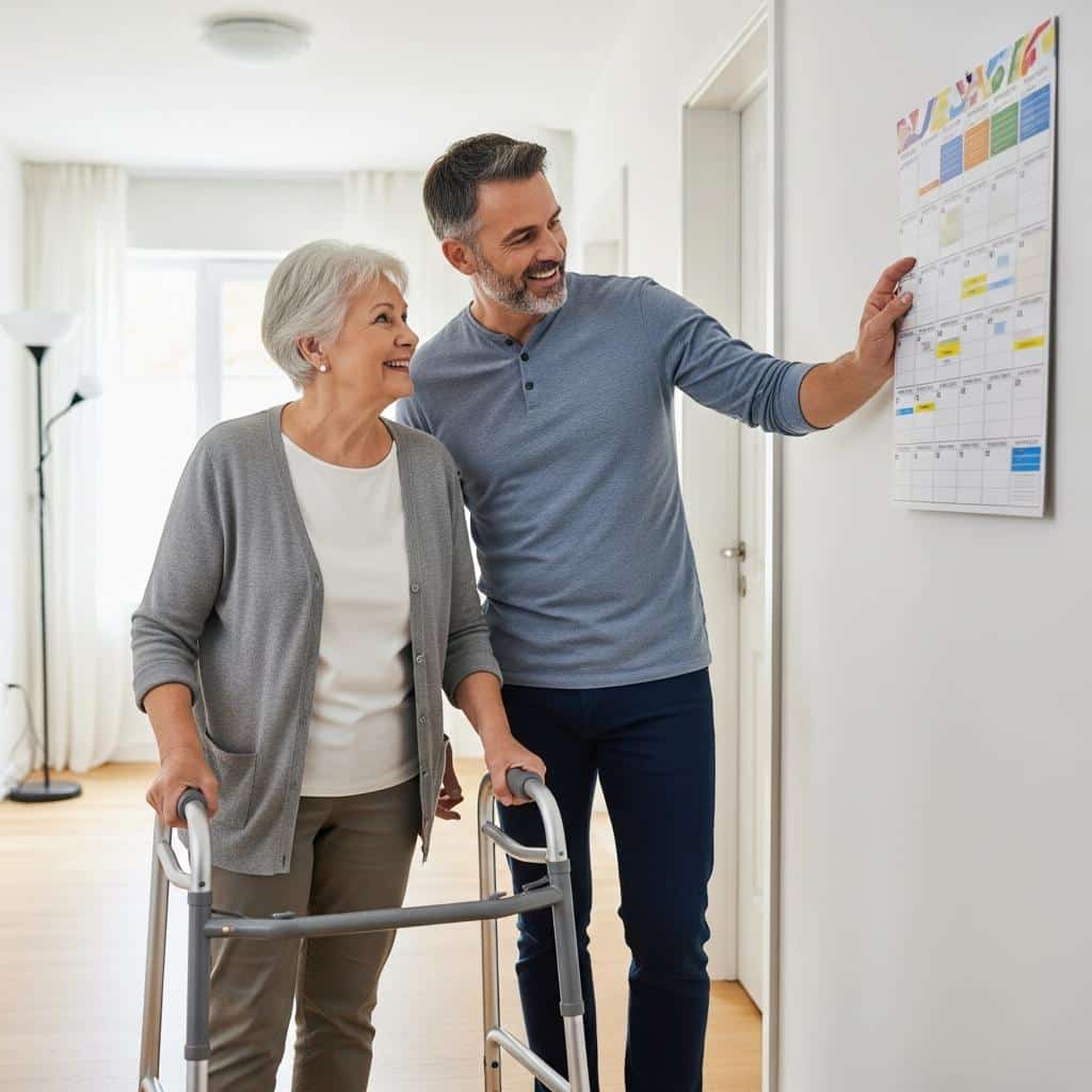Older woman and adult son using a walker, reviewing a wall calendar for bill planning in a hallway.