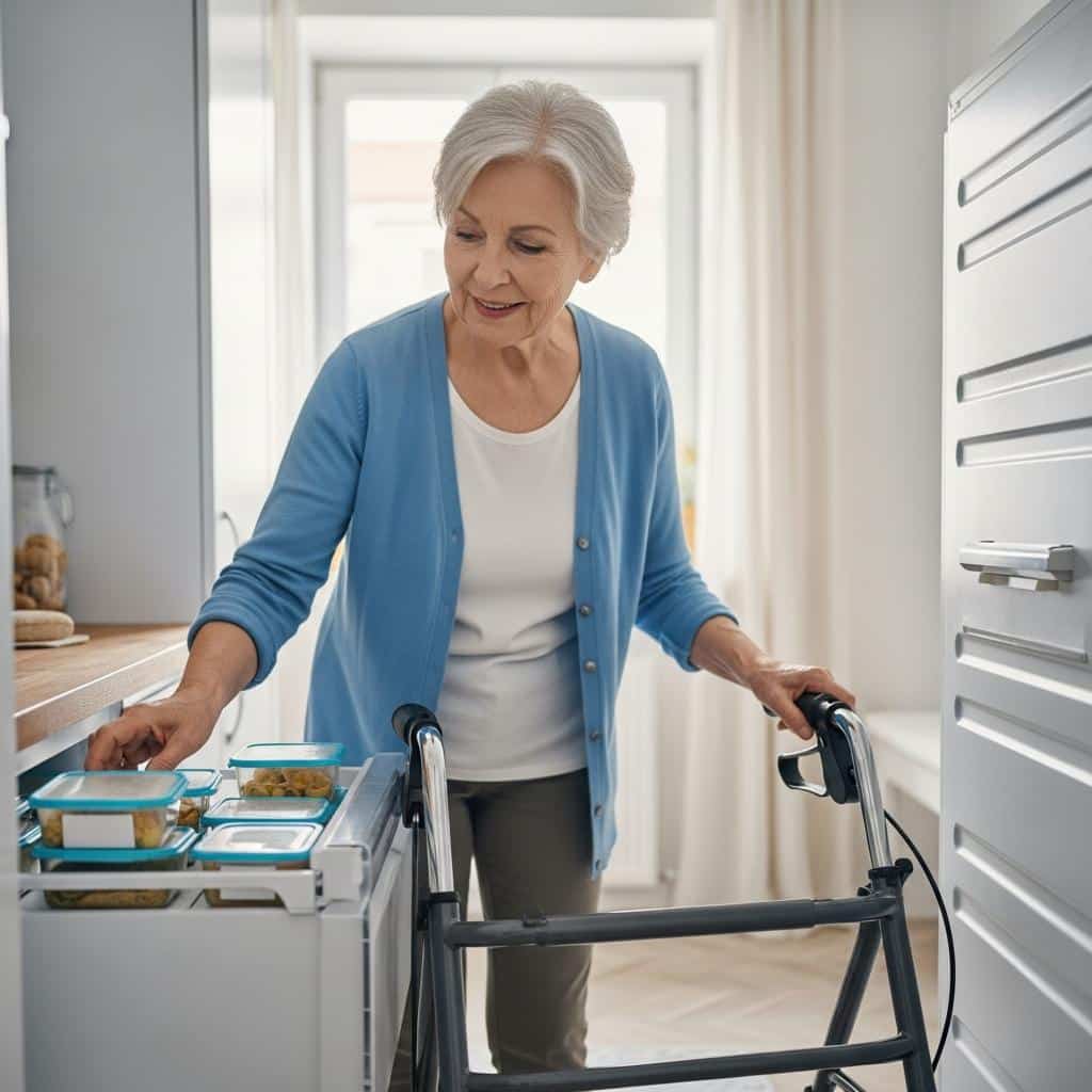 Older woman organizing labeled meal containers in freezer, walker nearby