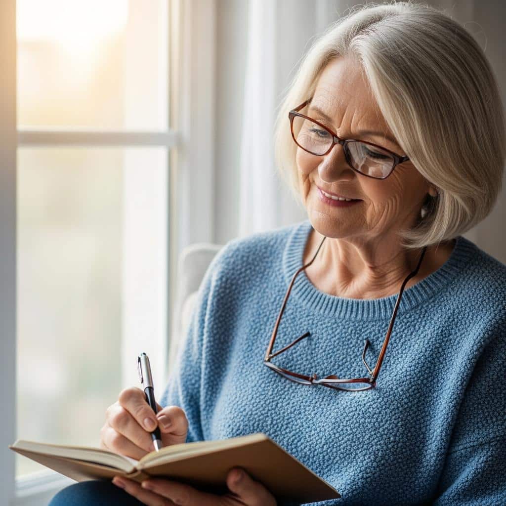 Older woman smiling and writing in a notepad by a window, waist-up