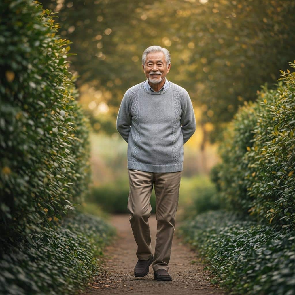 Older man walking calmly in a sunlit garden path, full-body