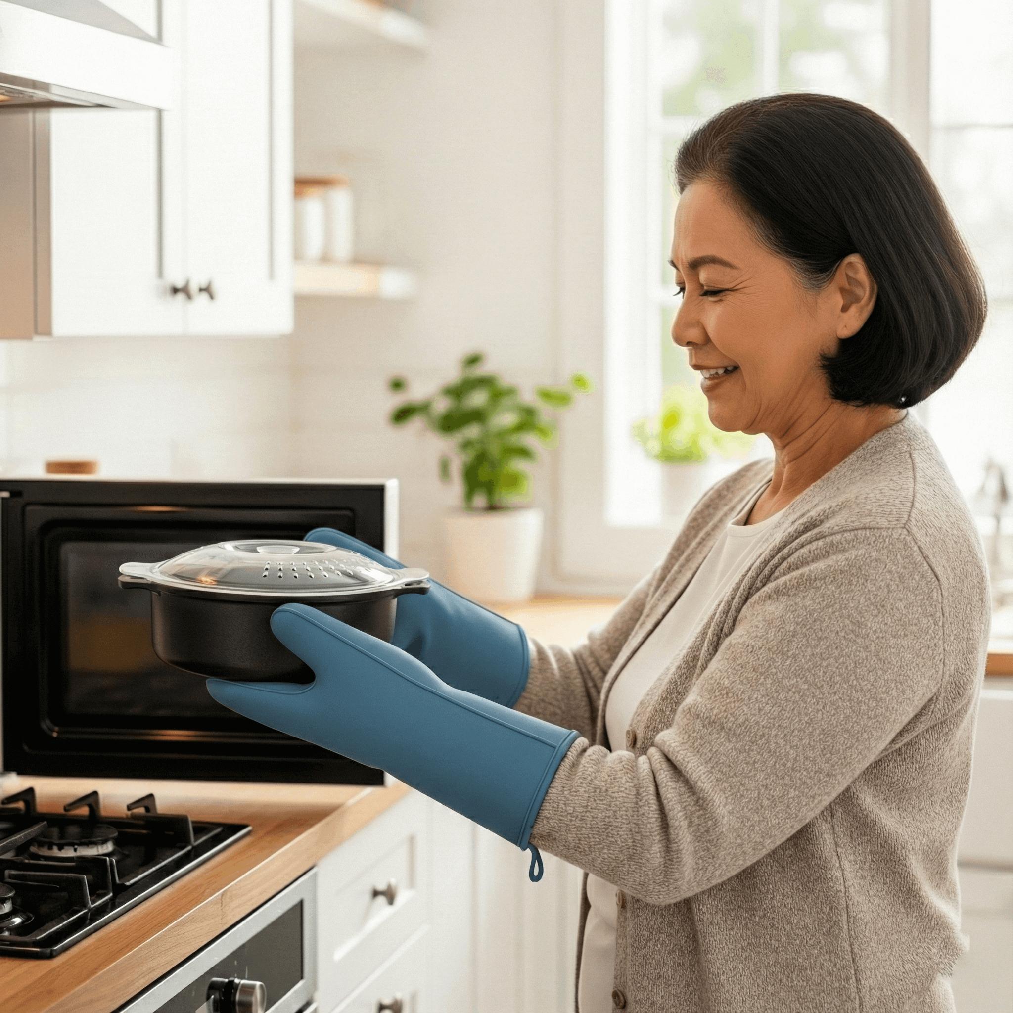 Older woman using silicone mitts to lift a microwave container, shoulder-up in a bright kitchen