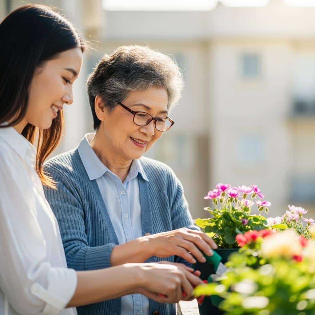 Older woman instructing a younger adult on flower care on a sunlit balcony