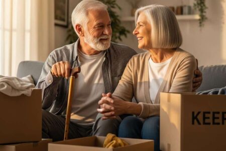 Senior couple cane declutter boxes living room[1]