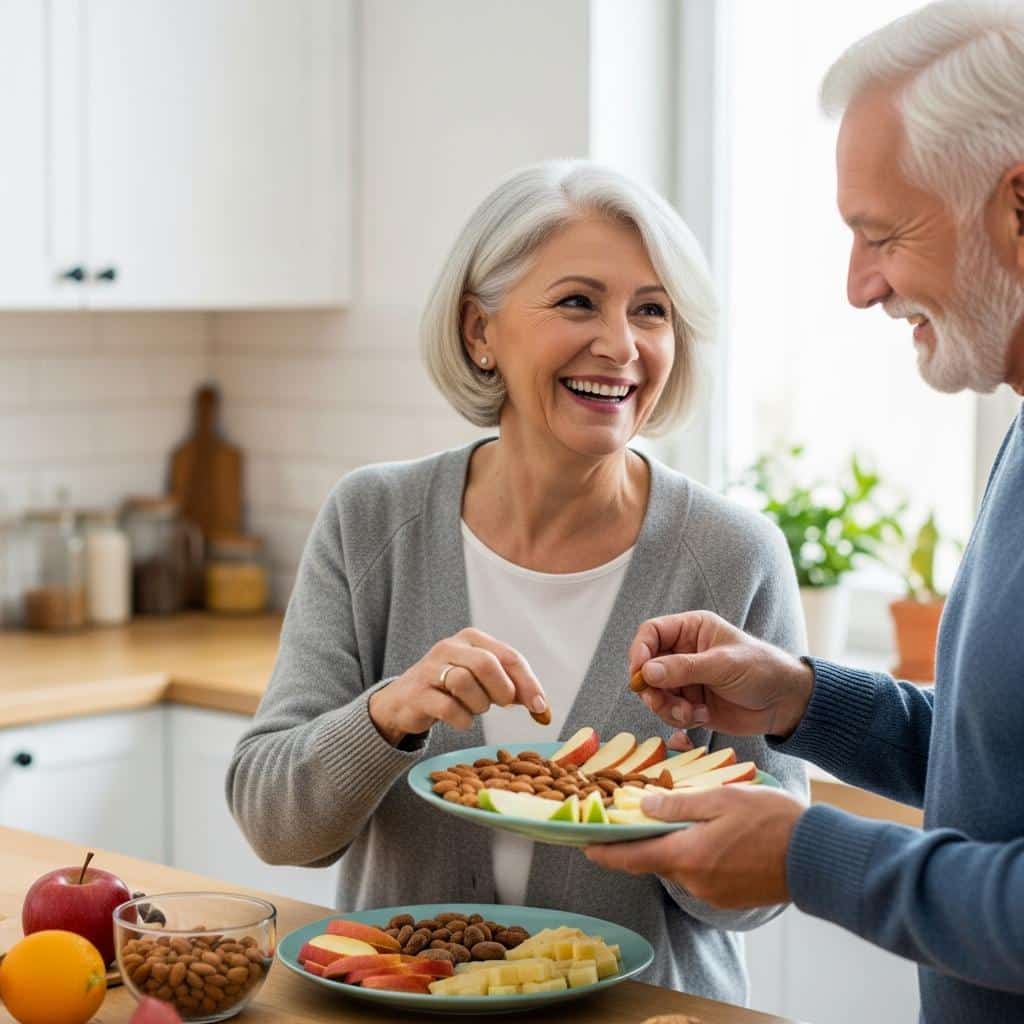 Senior couple preparing healthy snacks together in a home kitchen, waist-up