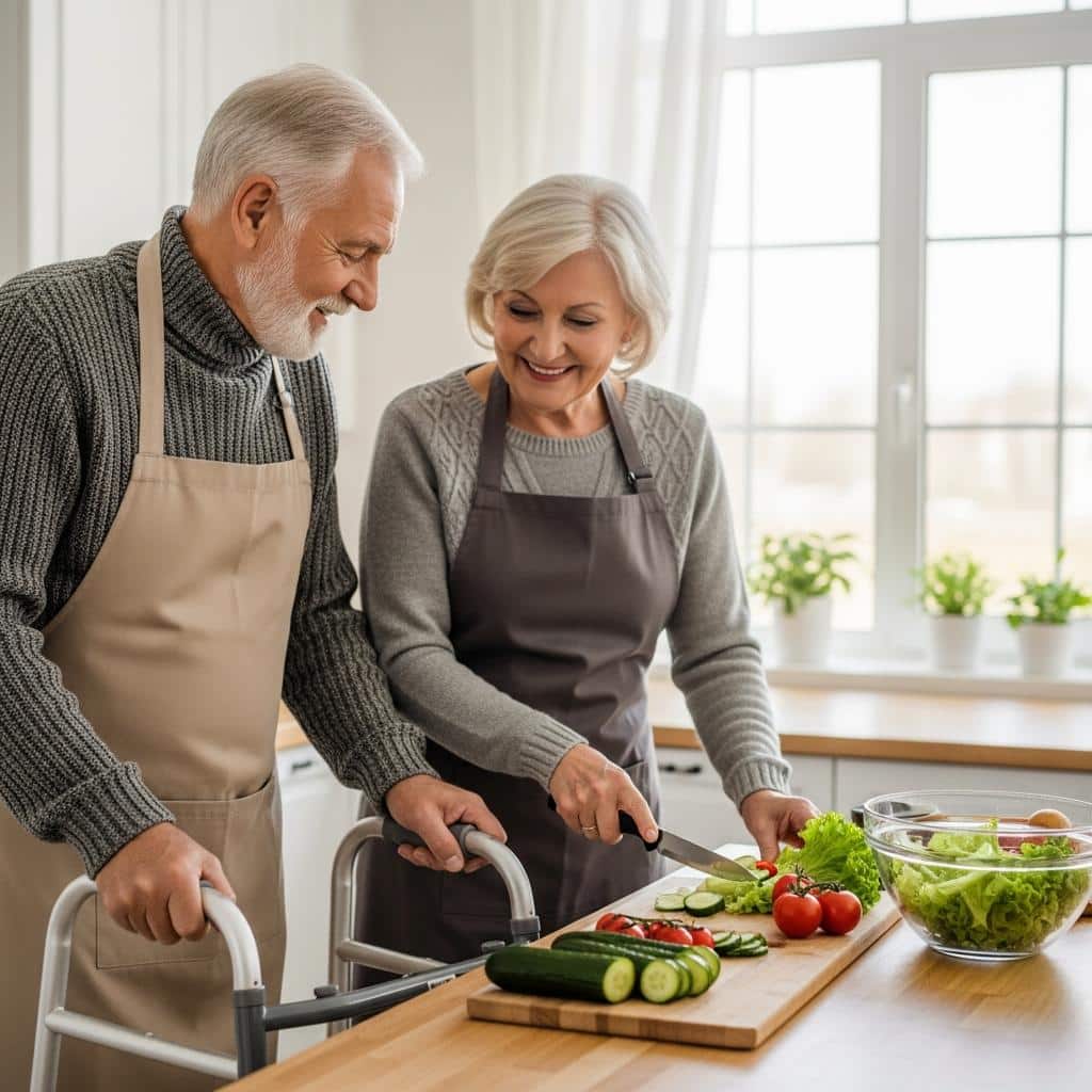 Senior couple preparing a colorful salad together in a bright kitchen, walker nearby