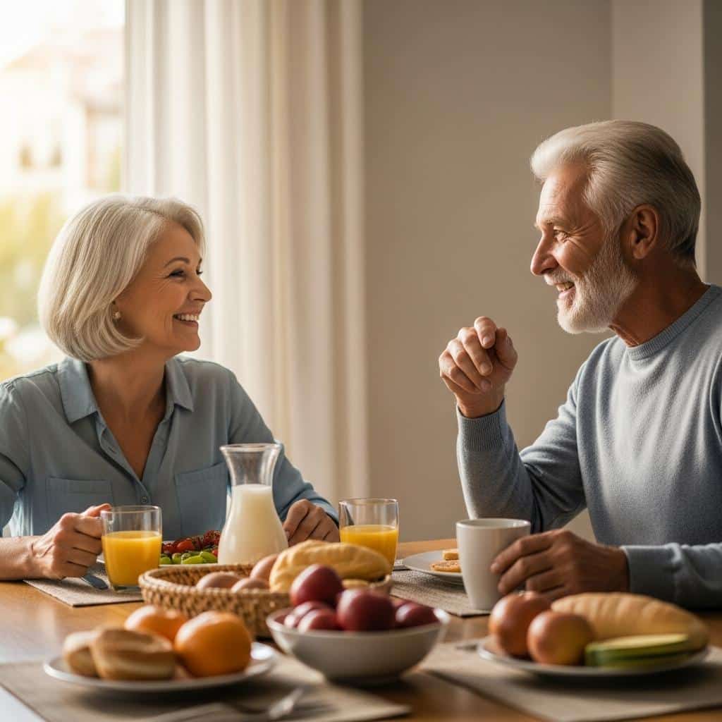 Senior couple sharing a relaxed breakfast together, smiling in natural morning light
