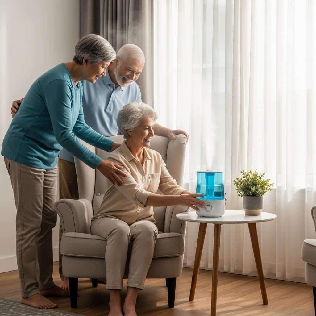 Older couple arranging a humidifier on a table in their sunlit living room