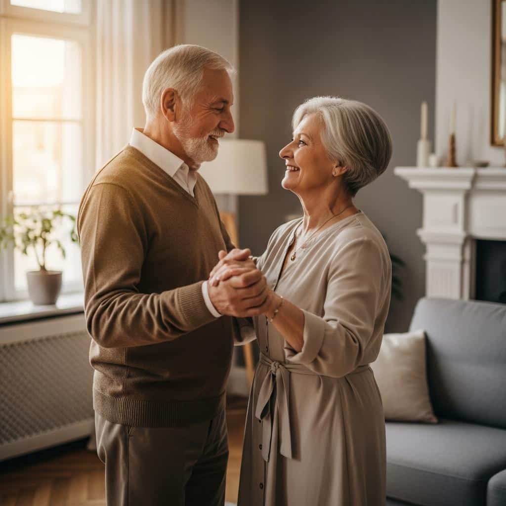 Older couple slow dancing and smiling in a sunlit living room
