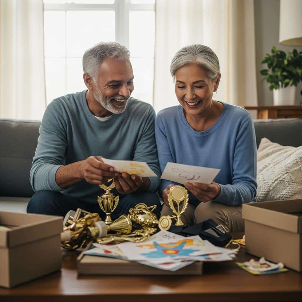 Older couple laughing together as they sort trophies and artwork on their living room couch, mid-range view