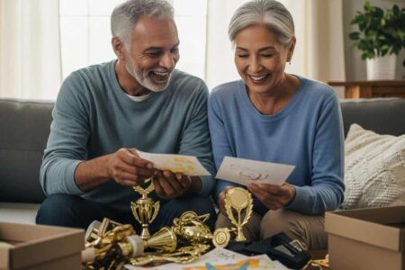 Senior couple sorting childhood items couch[1]