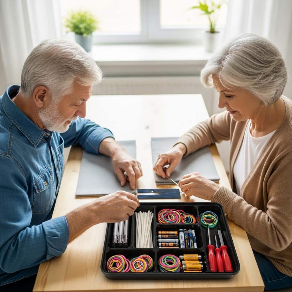 Senior couple at kitchen table organizing a drawer with various useful small items