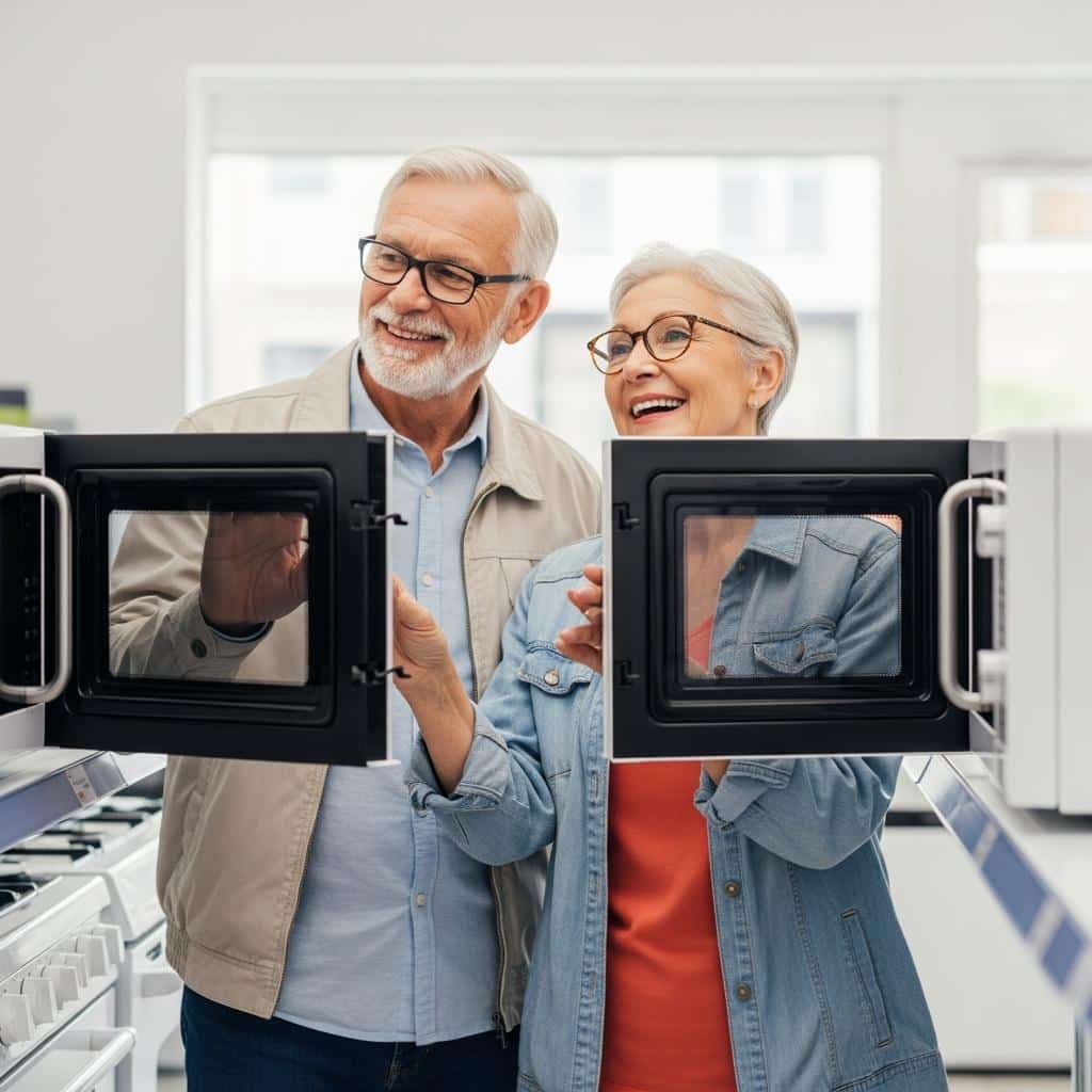 Senior couple testing door mechanisms on microwaves in an appliance store, waist-up view