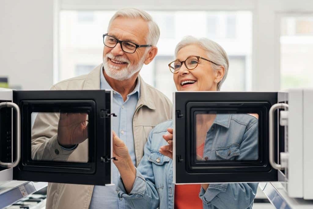Senior couple testing microwave doors[1]