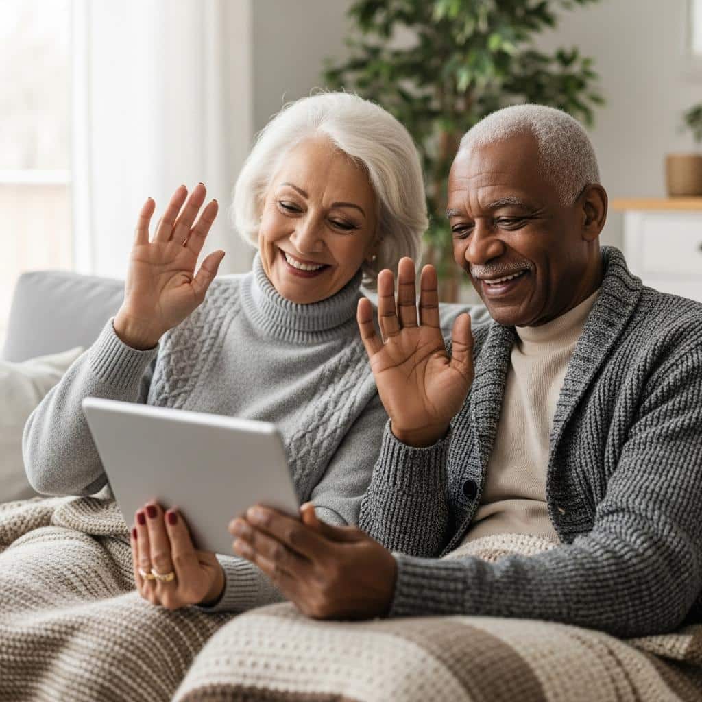 Older couple smiling and waving at a tablet during video call, on a couch with blankets