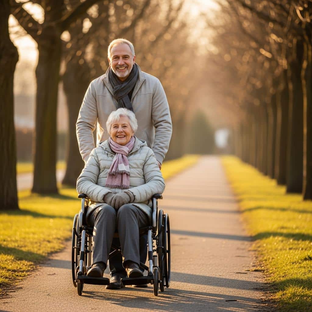 Older woman in wheelchair with supportive partner on sunny neighborhood walk, full-body