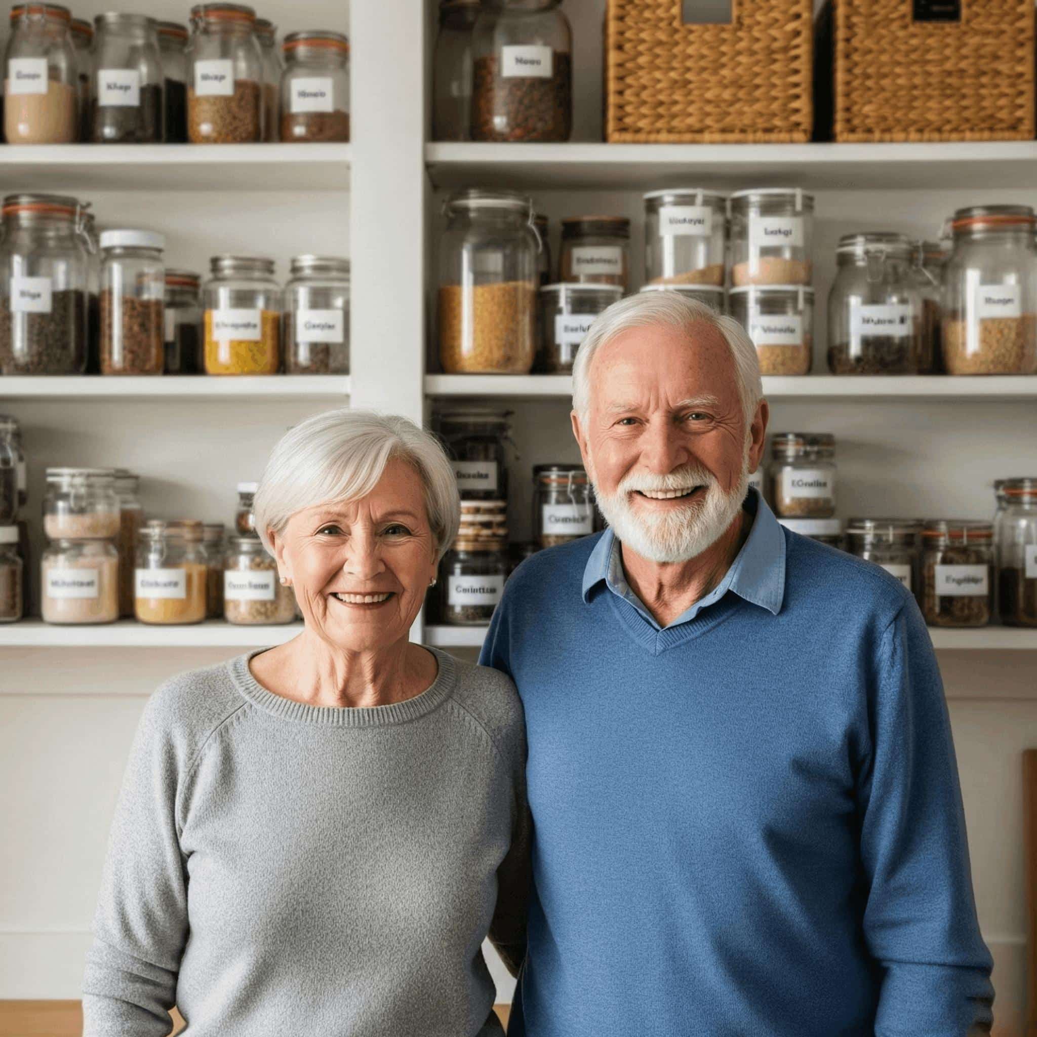 Older couple smiling proudly in front of organized kitchen shelves of jars and containers