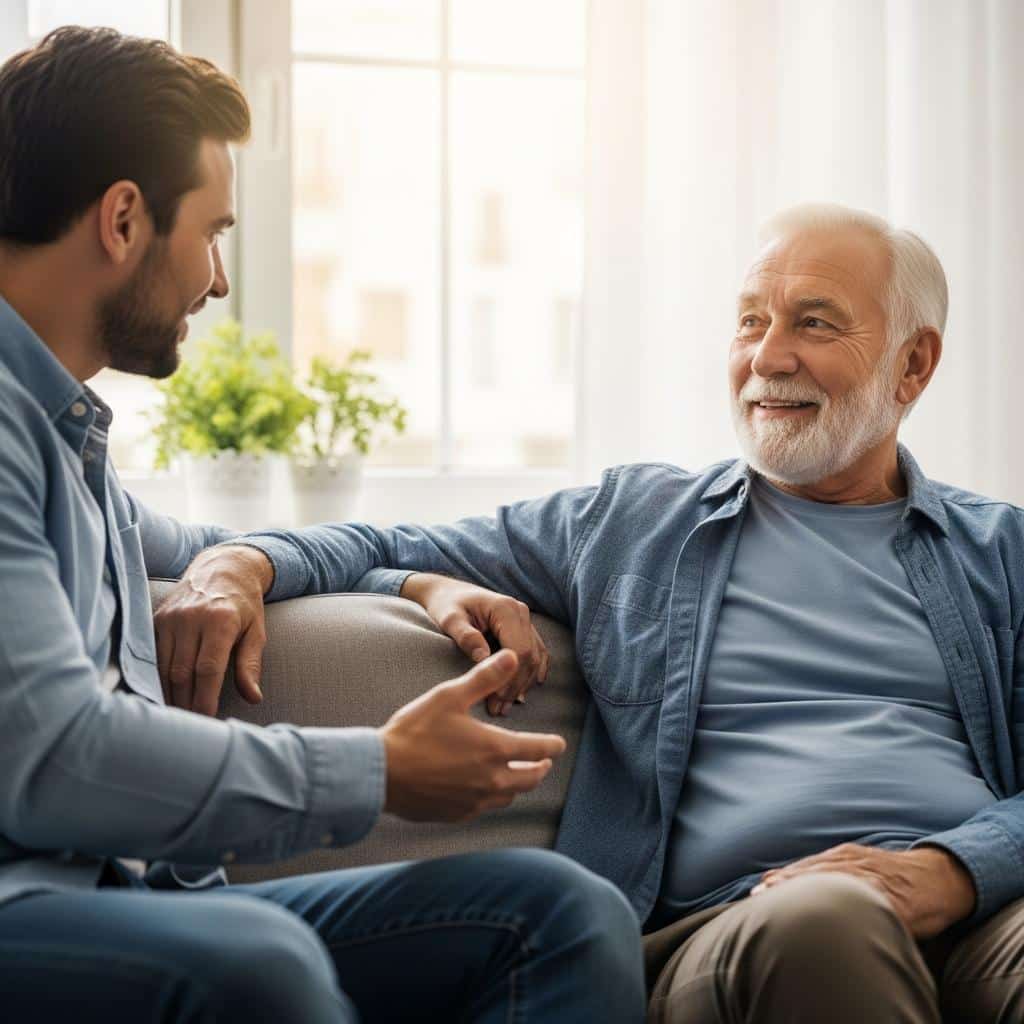 Older man and adult son sitting on a couch, sharing open and attentive conversation