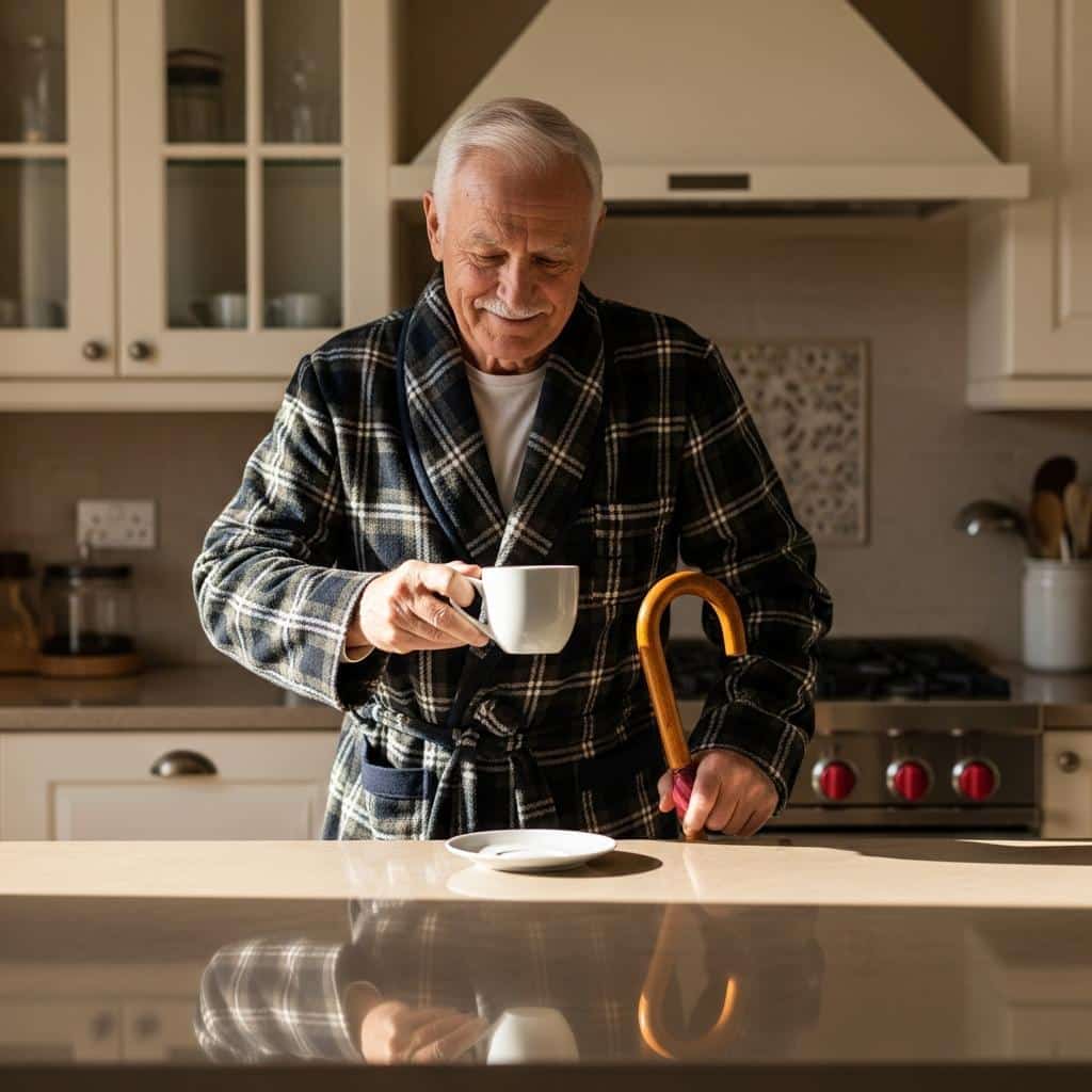 Older man using cane pours coffee in sunlit kitchen, content in morning routine