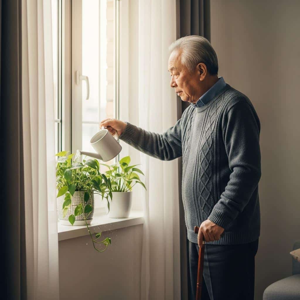 Older man with cane tending houseplant by bright window, full-body