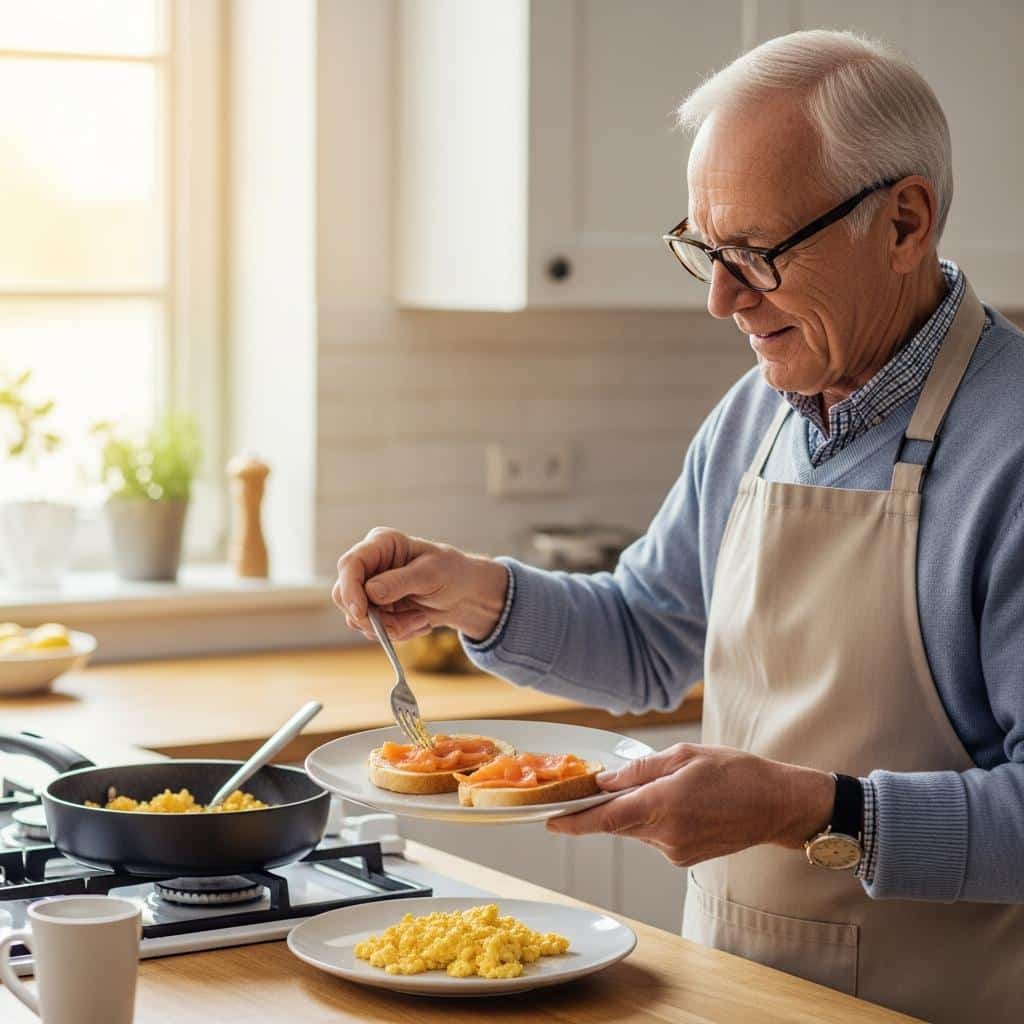 Older man preparing eggs and salmon in kitchen, waist-up view