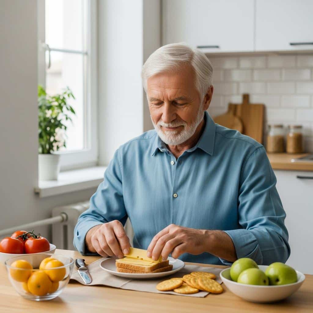 Older man making a sandwich at his kitchen table, waist-up with natural window light