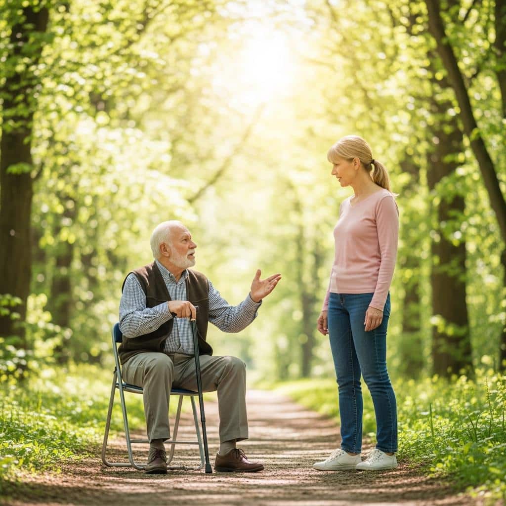 Senior man with a cane addresses a visitor on a park path, both sharing attentive eye contact