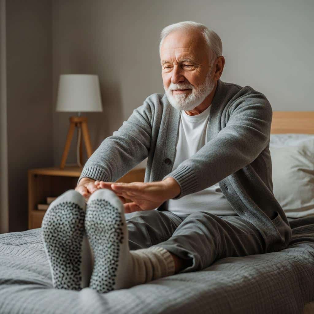Older man stretches by bed wearing cardigan and grippy socks, waist-up