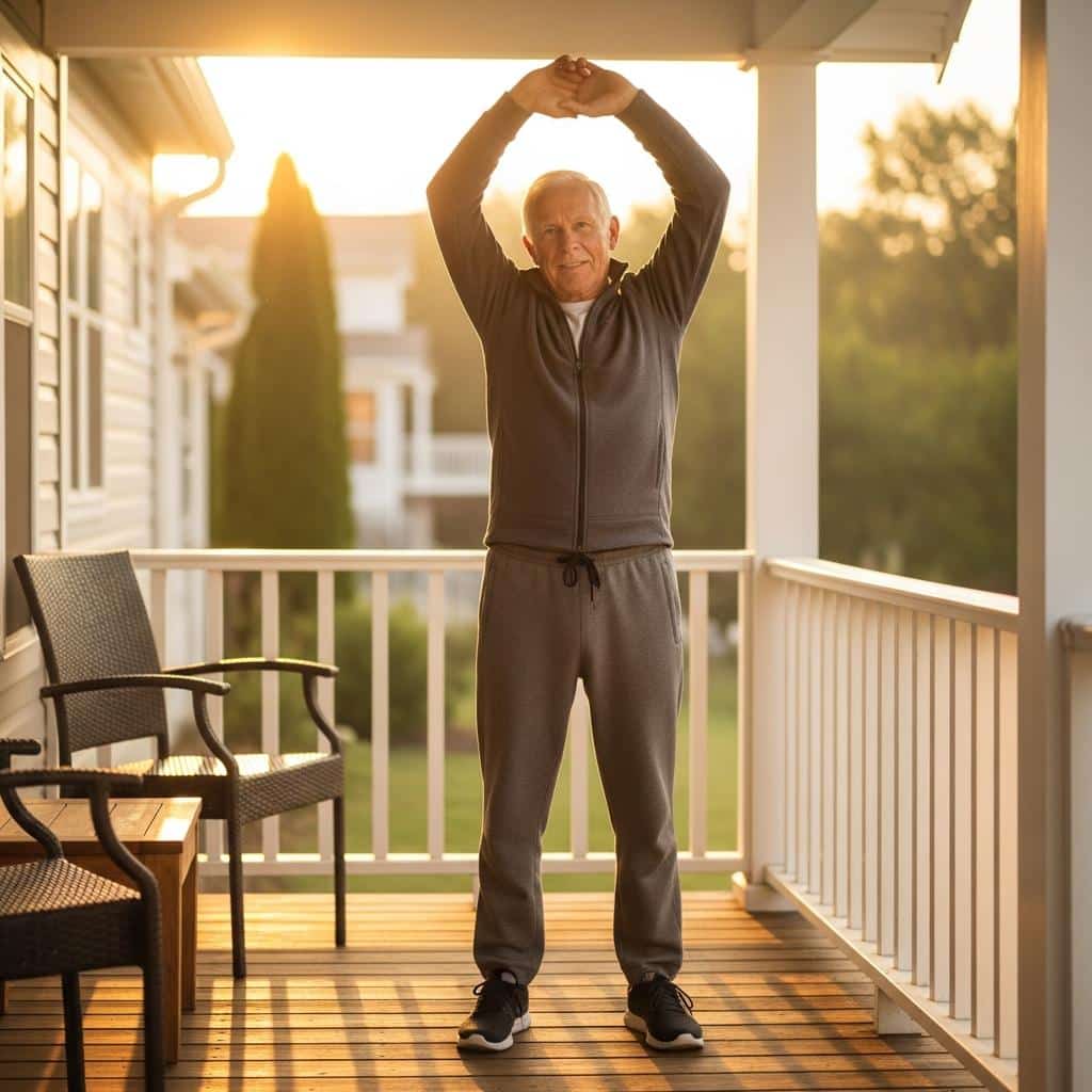Older man stretching outdoors at sunrise, enjoying a quiet morning