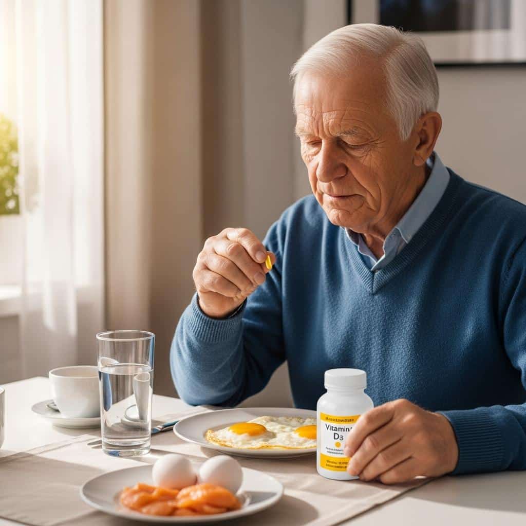 Older man taking a vitamin D supplement at breakfast table, daylight setting