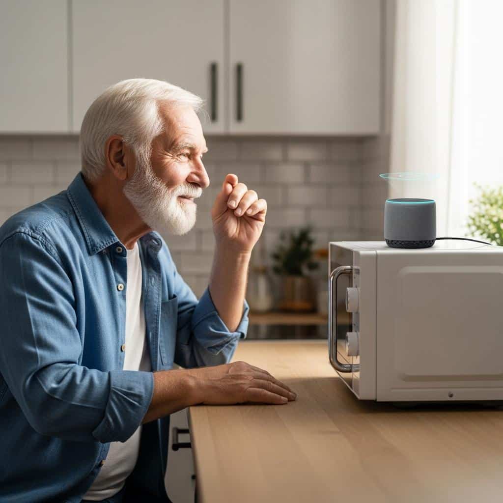 Older man using voice assistant to operate microwave, hands resting on counter, medium shot